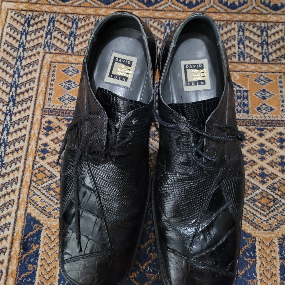 Black Lizard and Leather Oxfords with Glossy Finish